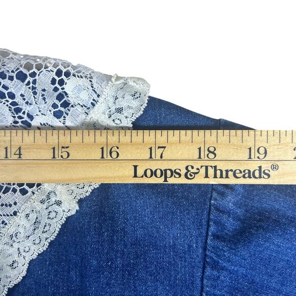 Vintage 80s Denim Prairie Dress Lace Collar M/L Cottagecore Coastal Cowgirl Midi - Picture 9 of 12